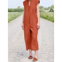 Solid Sash V Neck Pocket Sleeveless Casual Cotton Jumpsuit