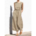 Cotton Solid Pocket Button Elastic Waist Sleeveless Casual Jumpsuit