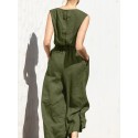 Cotton Solid Pocket Button Elastic Waist Sleeveless Casual Jumpsuit