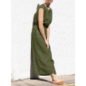Cotton Solid Pocket Button Elastic Waist Sleeveless Casual Jumpsuit