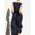 Cotton Solid Pocket Button Elastic Waist Sleeveless Casual Jumpsuit