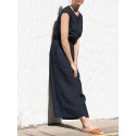 Cotton Solid Pocket Button Elastic Waist Sleeveless Casual Jumpsuit