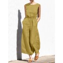 Cotton Solid Pocket Button Elastic Waist Sleeveless Casual Jumpsuit