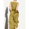 Cotton Solid Pocket Button Elastic Waist Sleeveless Casual Jumpsuit
