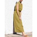 Cotton Solid Pocket Button Elastic Waist Sleeveless Casual Jumpsuit