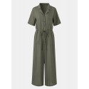 Women Button Front Camp Collar Cargo Style Short Sleeve Jumpsuits With Pocket