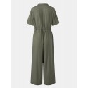 Women Button Front Camp Collar Cargo Style Short Sleeve Jumpsuits With Pocket
