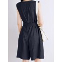 Cotton Solid Sash Pocket Sleeveless Round Neck Zip Casual Romper