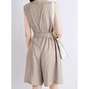 Cotton Solid Sash Pocket Sleeveless Round Neck Zip Casual Romper