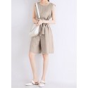 Cotton Solid Sash Pocket Sleeveless Round Neck Zip Casual Romper