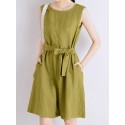 Cotton Solid Sash Pocket Sleeveless Round Neck Zip Casual Romper