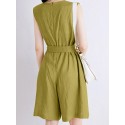 Cotton Solid Sash Pocket Sleeveless Round Neck Zip Casual Romper