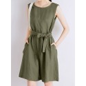 Cotton Solid Sash Pocket Sleeveless Round Neck Zip Casual Romper