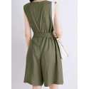 Cotton Solid Sash Pocket Sleeveless Round Neck Zip Casual Romper