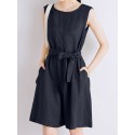 Cotton Solid Sash Pocket Sleeveless Round Neck Zip Casual Romper