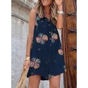 Cotton Flower Print Button Pocket V Neck Sleeveless Romper
