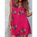 Cotton Flower Print Button Pocket V Neck Sleeveless Romper