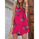 Cotton Flower Print Button Pocket V Neck Sleeveless Romper