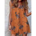 Cotton Flower Print Button Pocket V Neck Sleeveless Romper