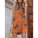 Cotton Flower Print Button Pocket V Neck Sleeveless Romper