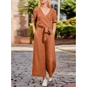 Solid Sash Pocket V Neck Casual Jumpsuit