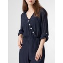 Solid Wrap Button Lapel Pocket Long Sleeve Jumpsuit