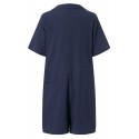 Women Solid Color Button Lapel Short Sleeve Loose Casual Jumpsuit With Pocket
