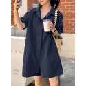 Women Solid Color Button Lapel Short Sleeve Loose Casual Jumpsuit With Pocket