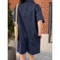 Women Solid Color Button Lapel Short Sleeve Loose Casual Jumpsuit With Pocket