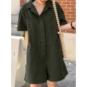 Women Solid Color Button Lapel Short Sleeve Loose Casual Jumpsuit With Pocket