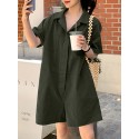 Women Solid Color Button Lapel Short Sleeve Loose Casual Jumpsuit With Pocket