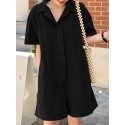 Women Solid Color Button Lapel Short Sleeve Loose Casual Jumpsuit With Pocket