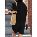 Women Solid Color Button Lapel Short Sleeve Loose Casual Jumpsuit With Pocket