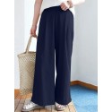 Solid Elastic Waist Back Pocket Wide Leg Loose Pants