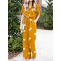 Polka Dot Button Pocket Drawstring Lapel Casual Jumpsuit