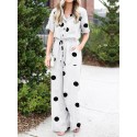 Polka Dot Button Pocket Drawstring Lapel Casual Jumpsuit