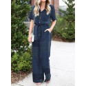 Plaid Button Pocket Drawstring Lapel Casual Jumpsuit