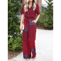 Plaid Button Pocket Drawstring Lapel Casual Jumpsuit