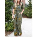 Floral Print Button Pocket Short Sleeve Wide Leg Jumpsuit