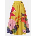 Women Floral Print Casual Elastic High Waisted Skirts With Pocket