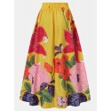 Women Floral Print Casual Elastic High Waisted Skirts With Pocket