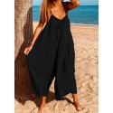 Women Sleeveless Straps Loose Solid Wide Leg Pants