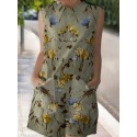 Plant Print Pocket Round Neck Sleeveless Romper