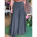 Women Solid Color Side Button Elastic Waist Loose Casual Wide Leg Pants With Poc