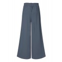 Women Solid Color Side Button Elastic Waist Loose Casual Wide Leg Pants With Poc