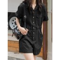 Solid Drawstring Waist Pocket Lapel Short Sleeve Cargo Romper