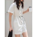 Solid Drawstring Waist Pocket Lapel Short Sleeve Cargo Romper