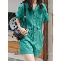 Solid Drawstring Waist Pocket Lapel Short Sleeve Cargo Romper