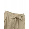 Women Cotton Solid Color Lace-up Design Elastic Back Waist Casual Pants