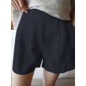 Solid Pocket Ruched Cotton Casual Shorts